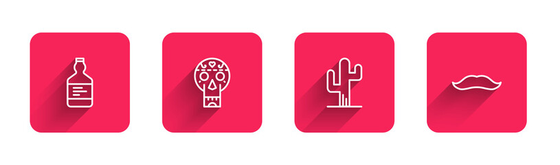 Set line Tequila bottle, Mexican skull, Cactus and Mustache with long shadow. Red square button. Vector