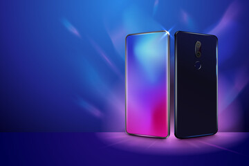 Back and front smartphone view. Realistic mobile phone in different views. Mock up or template cell phone on colorful background