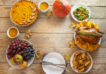 Thanksgiving Day. Chicken close-up. thanksgiving. pumpkins and fruits. View from above. Copy space