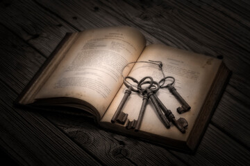 Libro antiguo abierto y con un juego de llaves de hierro cogidas con un aro de alambre .