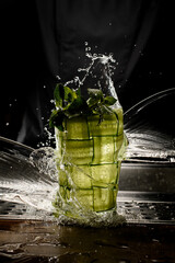 view of cocktail glass decorated with cucumber and mint, water jets splash on it
