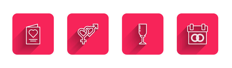 Set line Greeting card, Gender, Glass of champagne and Calendar with long shadow. Red square button. Vector