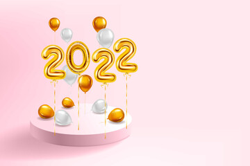 Happy New Year 2022 Gold balloons, stage podium. Golden foil numerals, balloons with, confetti, ribbons, poster, banner. Vector realistic 3D illustration
