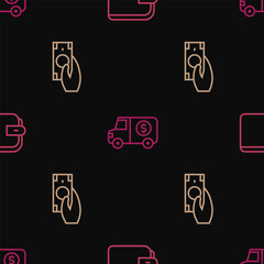 Set line Wallet, Fast payments and Armored truck on seamless pattern. Vector
