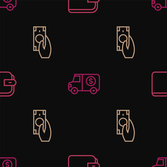 Set line Wallet, Fast payments and Armored truck on seamless pattern. Vector