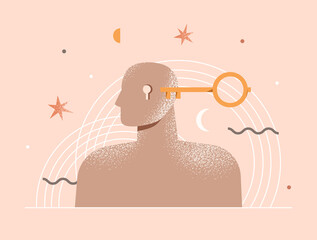 Therapy, psychotherapy, psychology concept. Open mind. Human head with a keyhole and key. Philosophy metaphor, personality. Abstract modern illustration about mental health. Isolated vector design - obrazy, fototapety, plakaty