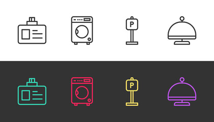 Set line Identification badge, Washer, Parking and Covered with tray on black and white. Vector