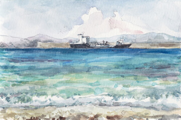 Rhodes harbour with ships in summer, oil painting - obrazy, fototapety, plakaty