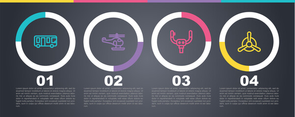 Set line Airport bus, Helicopter, Aircraft steering helm and Plane propeller. Business infographic template. Vector