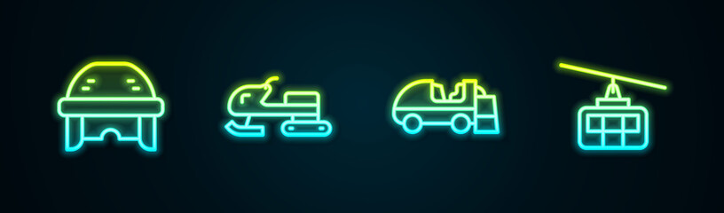 Set line Hockey helmet, Snowmobile, Ice resurfacer and Cable car. Glowing neon icon. Vector