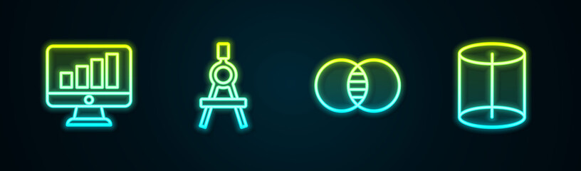 Set line Computer monitor with graph chart, Drawing compass, Mathematics sets A and B and Geometric figure. Glowing neon icon. Vector