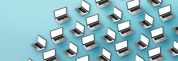 Modern laptops on blue background. 3D Illustration.