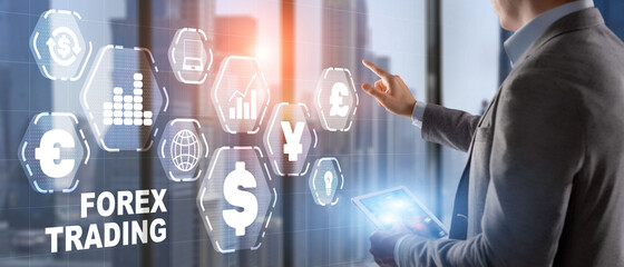 Man in a jacket clicks on a virtual screen inscription Forex Trading