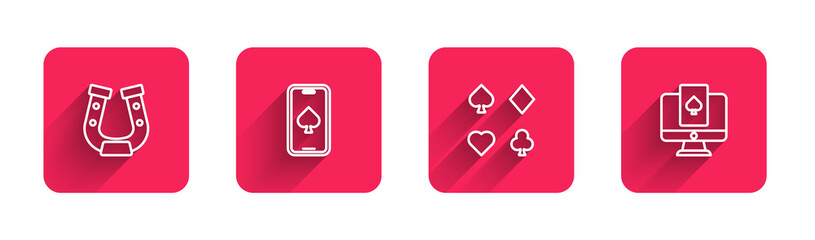 Set line Horseshoe, Online poker table game, Deck of playing cards and with long shadow. Red square button. Vector