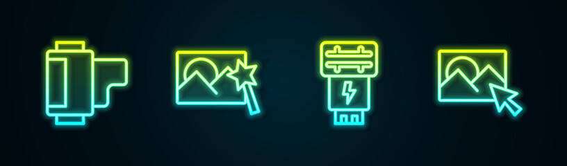 Set line Camera roll cartridge, Photo retouching, camera flash and . Glowing neon icon. Vector