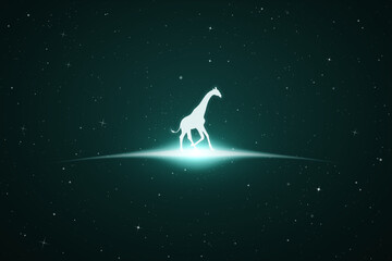 Obraz na płótnie Canvas Running giraffe. Endangered animal silhouette. Starry sky, glowing outline
