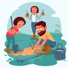 Cartoon people taking care of plants