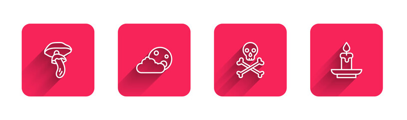 Set line Psilocybin mushroom, Moon and stars, Skull crossbones and Burning candle with long shadow. Red square button. Vector