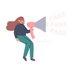 Fake News and Disinformation Concept, Woman with Loudspeaker Spreading Untruth Information Cartoon Vector Illustration