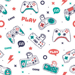 Modern Game Console Controllers Seamless Pattern, Video Game Players Accessory Devices Background, Banner, Textile, Packaging Design Hand Drawn Vector Illustration.