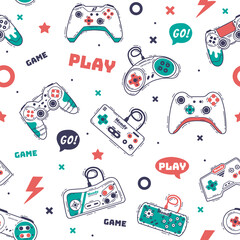 Modern Game Console Controllers Seamless Pattern, Video Game Players Accessory Devices Background, Banner, Textile, Packaging Design Hand Drawn Vector Illustration. © topvectors