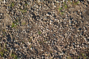 Top view of dirt road fragment. Dry land with stones. Abstract natural textured background.