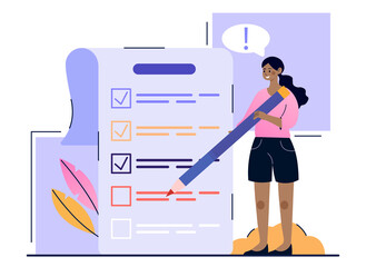 Concept of time management. A woman with a pencil marks the completed tasks in her to-do list with a tick. Goals for the day. Cartoon modern flat vector illustration isolated on a white background