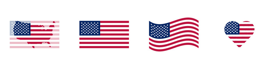 Flag USA set isolated vector icon. 4 july banner in flat style. Veteran day and Memorial day illustration. American holidays. The day of Independence.United States of America flag. 
