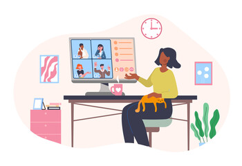 Corporate video call concept. A woman is sitting at a table with a cat, drinking coffee and communicating with colleagues via video link. Communication in quarantine. Cartoon flat vector illustration