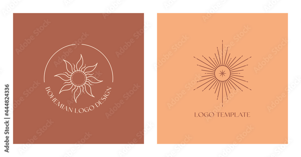 Wall mural set of vector bohemian logo design templates with sun and sunburst. boho linear icons or symbols in 