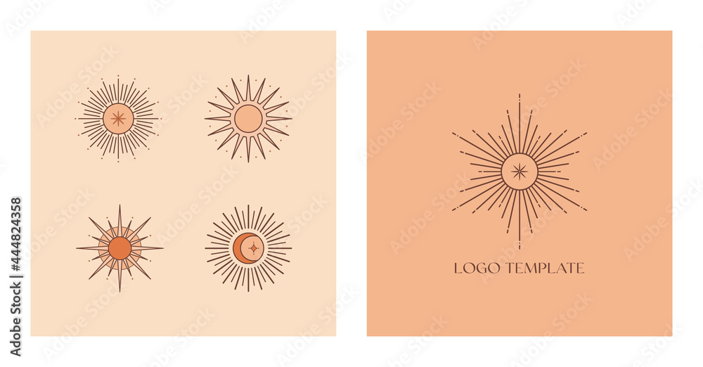 Wall mural set of vector bohemian logo design templates with sun and sunburst. boho linear icons or symbols in 