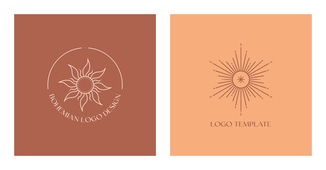 Set of vector bohemian logo design templates with sun and sunburst. Boho linear icons or symbols in trendy minimalist style.Modern celestial emblems.Branding design templates.