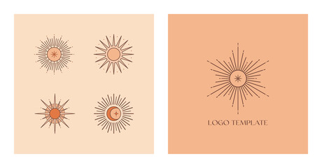 Set of vector bohemian logo design templates with sun and sunburst. Boho linear icons or symbols in trendy minimalist style.Modern celestial emblems.Branding design templates.