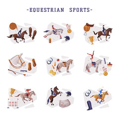 Equestrian Sports Set, People Riding Horses, Racing, Dressage, Vaulting, Horse Riding Essentials and Grooming Tools Vector Illustration © topvectors