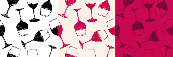 Seamless background pattern. Hand drawn wine glasses pattern. Background for decoration of textile garments, fabrics, packaging, web designs, brochures, posters. - obrazy, fototapety, plakaty