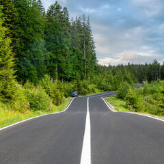 Winding road in summer forest, traveling by car
