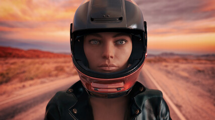 Obraz na płótnie Canvas Biker Woman with Motorcycle Helmet and Leather Outfit Portrait on the Road at Sunset. - 3d rendering