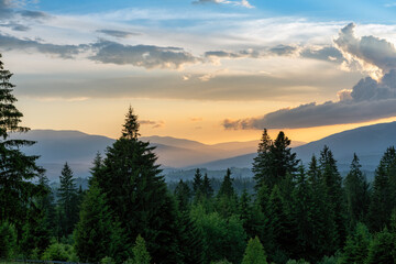 Obraz premium Warm sunset in green mountains