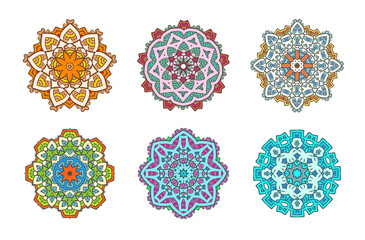 Set of Ethnic Fractal Mandala Vector Meditation looks like Snowflake or Maya Aztec Pattern or Flower too Isolated on White Colorful