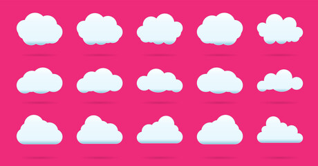 Cloud vector icon set white color on pink background. Different nature cloudscape weather symbols.