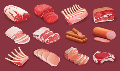 Set of meat products in flat style, cooking, delicacies.