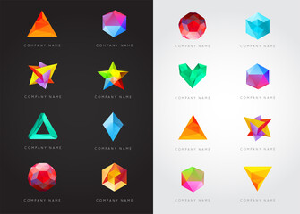 Big Set of Trendy Crystal Triangulated Gem Logo Elements. Perfect for Business. Geometric Low Polygon Style. Visual Identity.