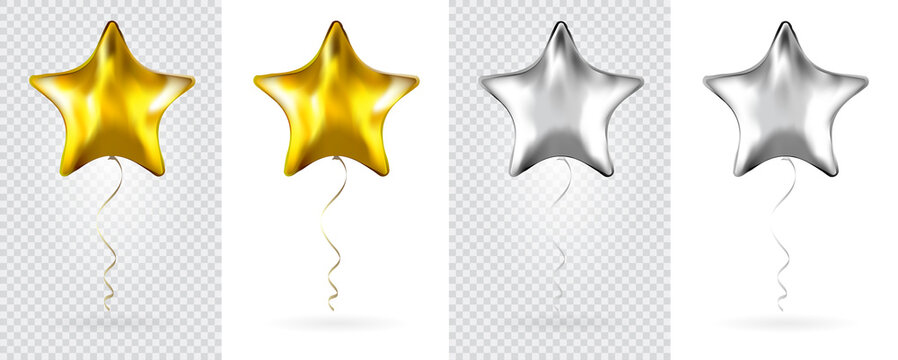 Big Set Of Silver And Gold Star Foil Balloons On Transparent White Background. Mockup For Balloon Print. Vector.