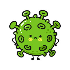 Cute sad virus character. Vector hand drawn cartoon kawaii character illustration icon. Isolated on white background. Virus character concept