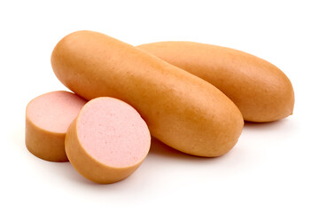 Fresh boiled sausages, close-up, isolated on white background.