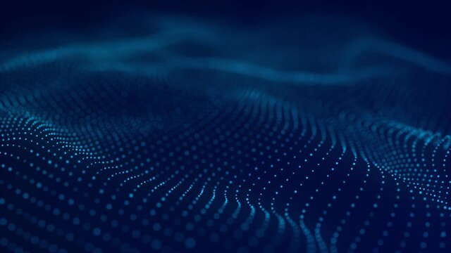 Digital technology background. Abstract dynamic wave of connected dots and lines on dark background. Wave of bright particles. Big data. 4K illustration. 3d rendering.