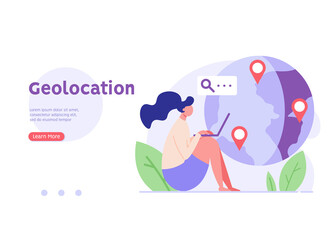Woman searching and marking a place on the map. Concept of geolocation, gps navigation, online map, gps pin, correct way. Vector illustration in flat design for mobile app, ui, web banner