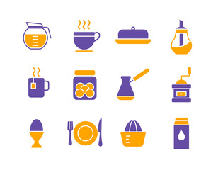 Breakfast and kitchen vector icon glyph set