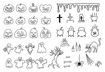 Set of Halloween doodle style vector on a white background. Spooky elements for your design Hand drawn	