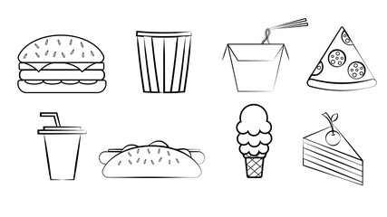 Black and white set of eight icons of delicious food and snacks items for a restaurant bar cafe on a white background: burger, popcorn, noodles, pizza, soda, hot dog, ice cream, cake